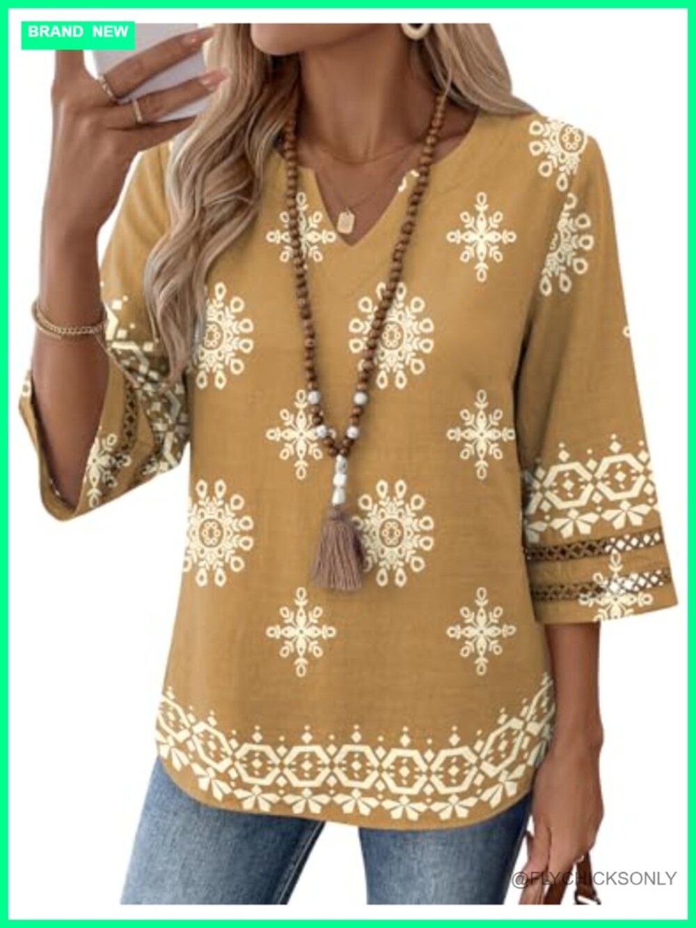 LOMON Womens 3/4 Sleeve V Neck Boho Tunic Blouse Lace Detail